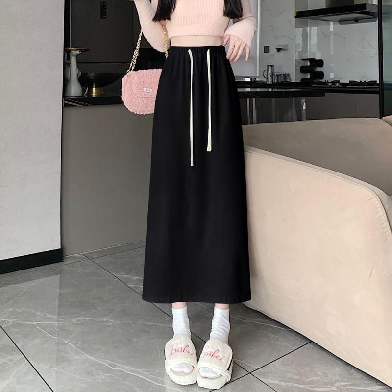 Drawstring Waist Plain Midi H-Line Skirt Product Image
