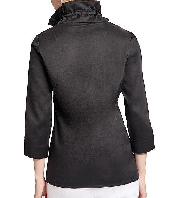 Ming Wang Stretch Cotton Poplin Ruffle Stand Collar Button Front Top Product Image