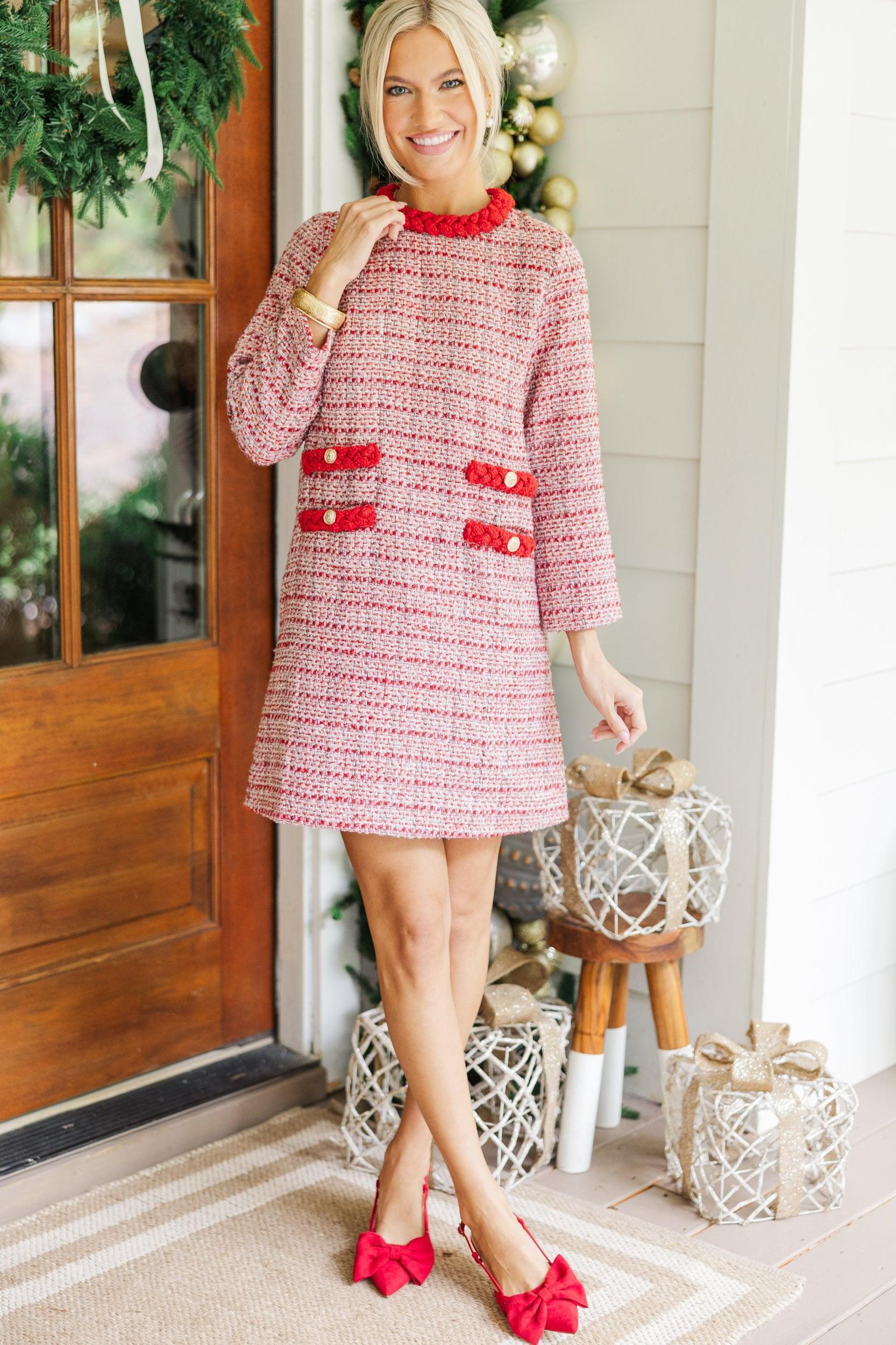 Ask You Out Burgundy Red Tweed 3/4 Sleeve Dress Female Product Image