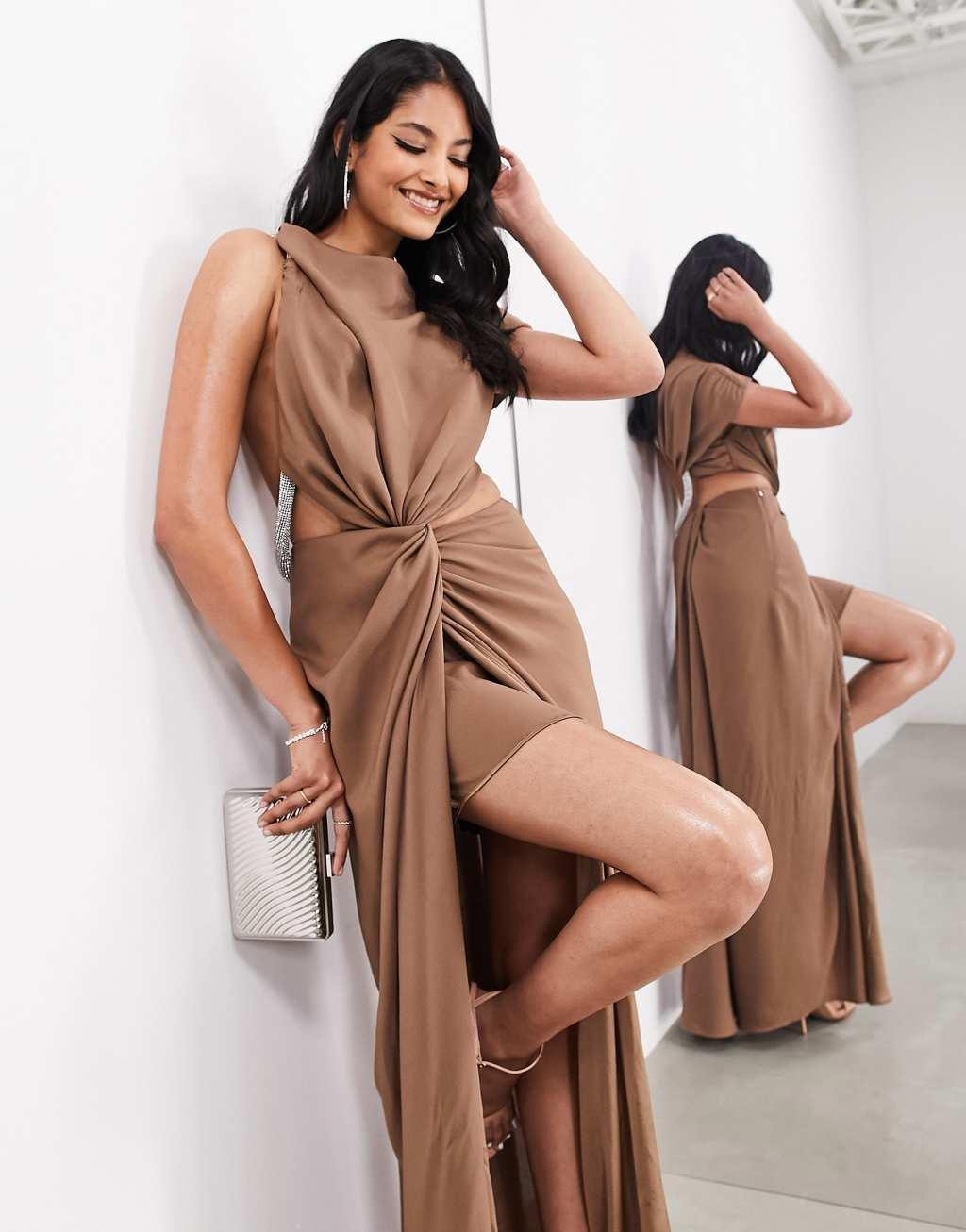 ASOS EDITION premium rope diamante neck detail one sided satin maxi dress Product Image