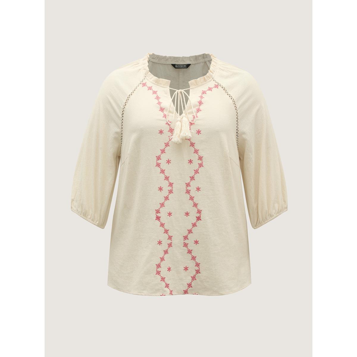 Plus Size Ivory Cotton Lace Embroidered Shirred Neck-Tie Blouse Women Elbow-length sleeve Flat collar with V-notch Vacation Blouses BloomChic 12/L Product Image