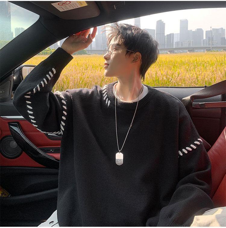 Crew Neck Plain Contrast Stitching Sweater Product Image