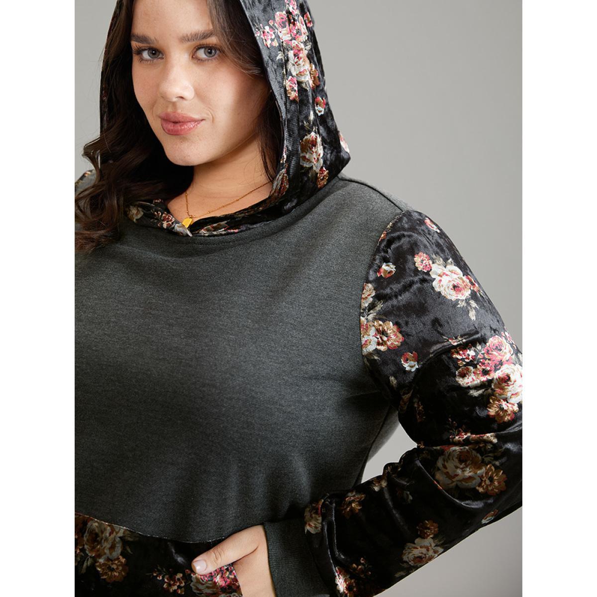 Plus Size Velvet Patchwork Floral Print Kangaroo Pocket Sweatshirt Women DimGray Elegant Velvet Hooded Dailywear Sweatshirts BloomChic 22-24/3X Product Image