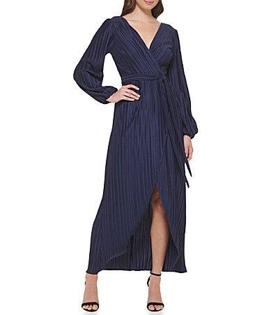 Guess Womens Pleated Woven Faux-Wrap V-Neck Maxi Dress Product Image