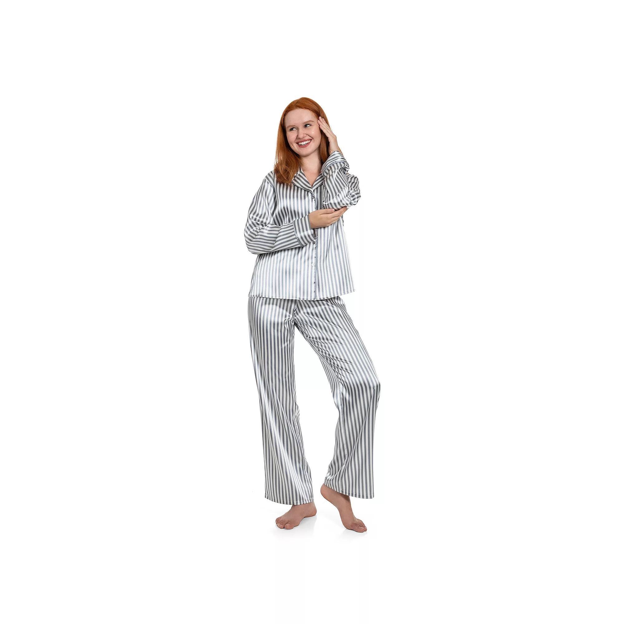 Women's Lilac+London Notch Collar Satin Pajama Top & Pajama Bottom Set, Size: XL, Ivory Pink Product Image