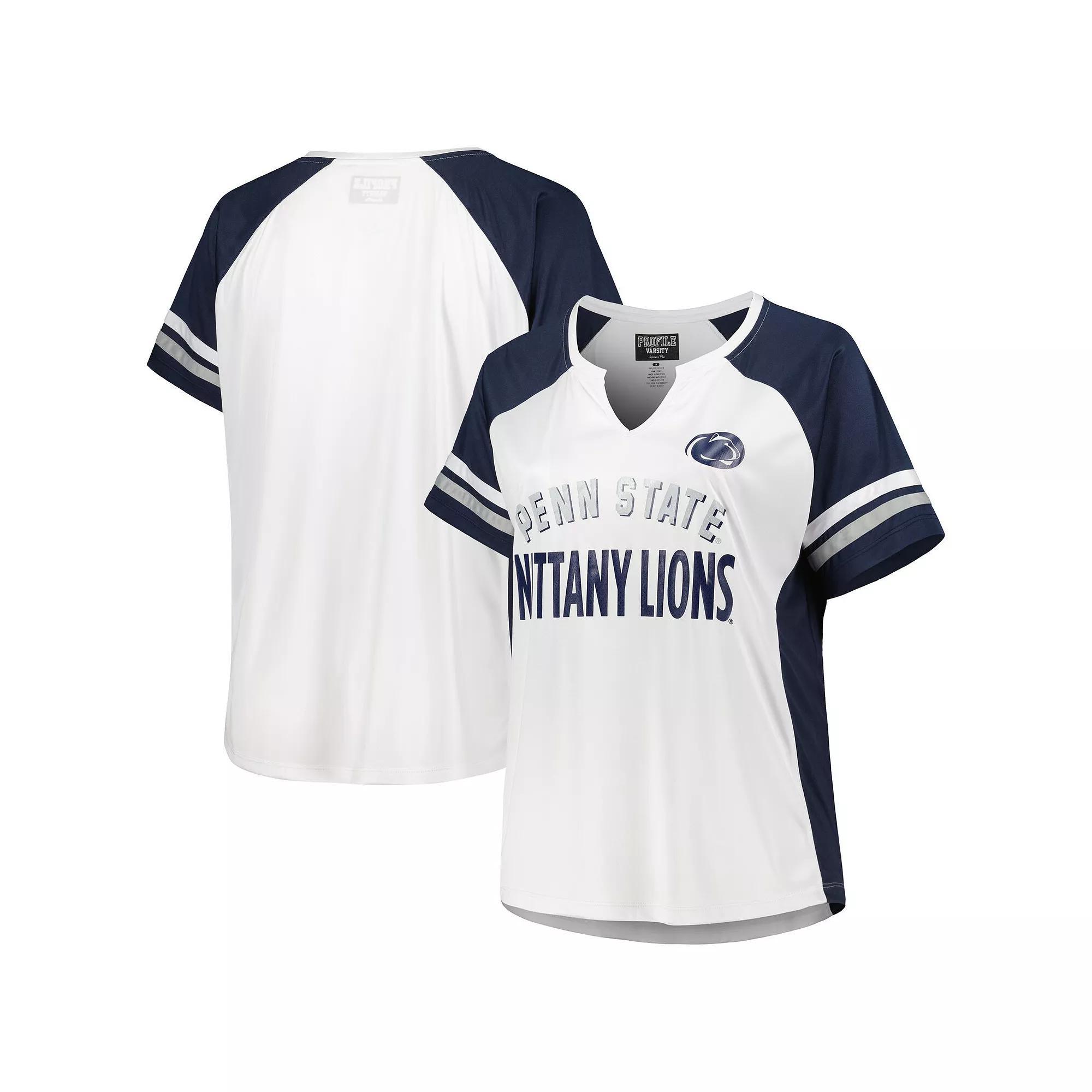 Women's White Penn State Nittany Lions Plus Size Stripe Raglan Notch Neck T-Shirt, Size: 3XL Product Image