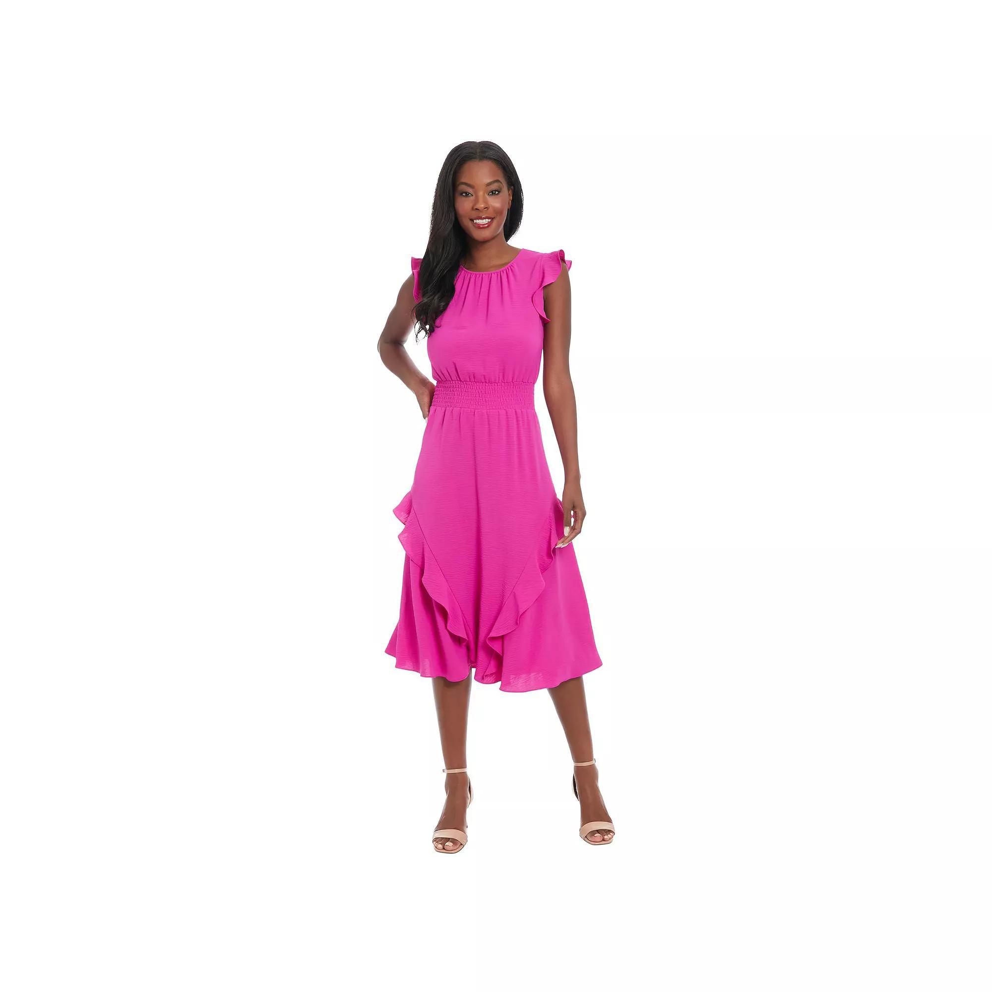 Women's London Times Ruched Waist Ruffle Midi Dress, Size: Large, Raspberry Product Image