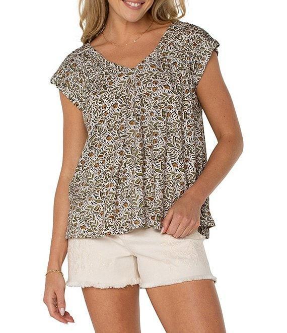 Liverpool Los Angeles Petite Size Printed V-Neck Short Sleeve Top Product Image