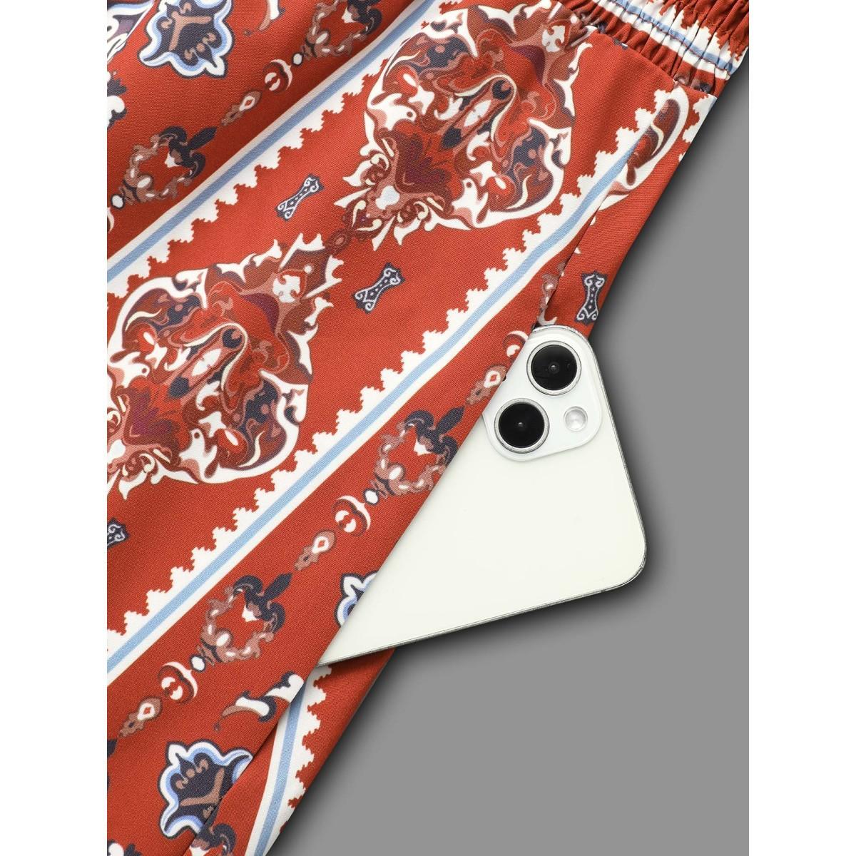 Plus Size Boho Print Shirred Tie Knot Midi Dress Russet Women Resort Tie knot V-neck Elbow-length sleeve Curvy BloomChic 28/5X Product Image
