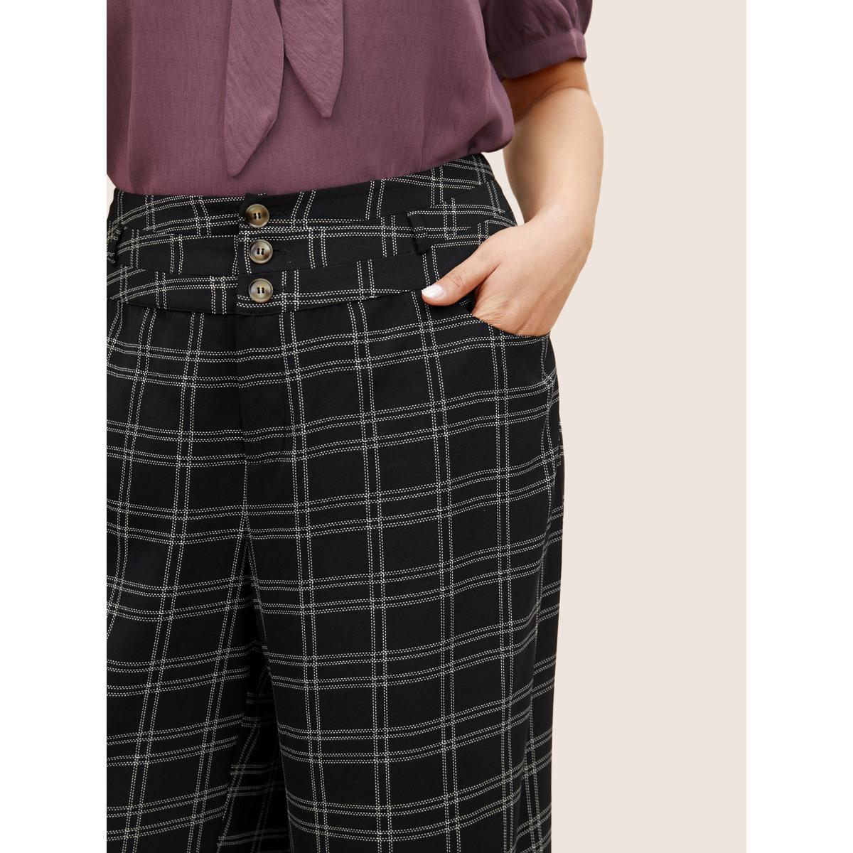 Plus Size Plaid Button Detail Slanted Pocket Wide Leg Pants Women Black At the Office Wide Leg High Rise Work Pants BloomChic 18-20/2X Product Image