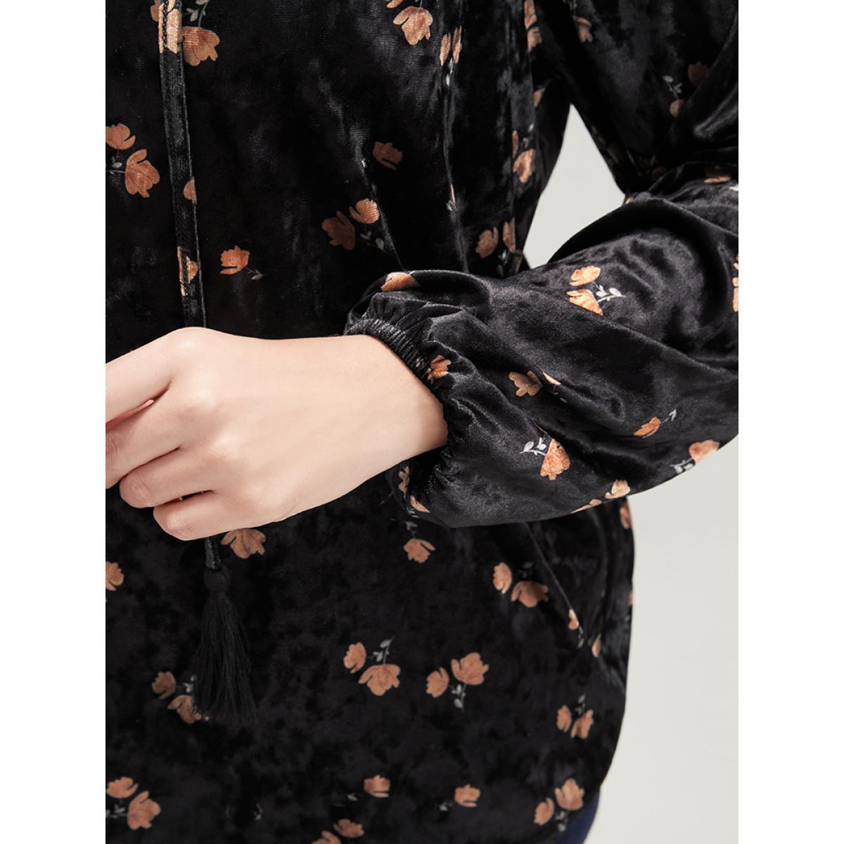 Plus Size Black Floral Lantern Sleeve Tassels Tie Neck Velvet Blouse Women Party Long Sleeve Tie Neck Going out Blouses BloomChic 14-16/1X Product Image