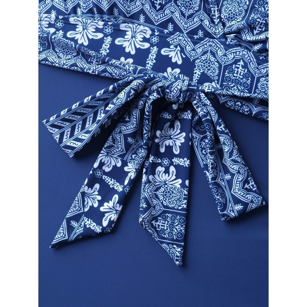 Plus Size Boho Print Belted One-Piece Swimsuit Women's Swimwear Indigo Beach Tie knot Curve Bathing Suits Low stretch One Pieces BloomChic 14-16/1X Product Image