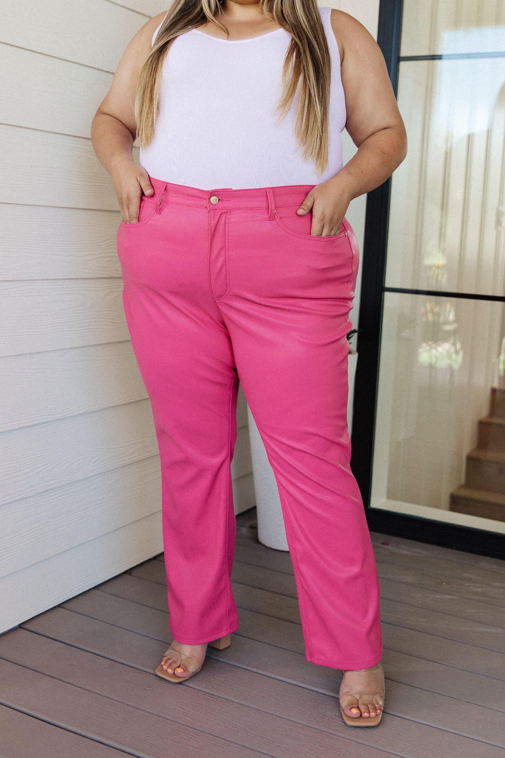 Tanya Hi-Rise Tummy Faux Leather Judy Blue Jeans Pants in Hot Pink - ONLINE EXCLUSIVE! Product Image
