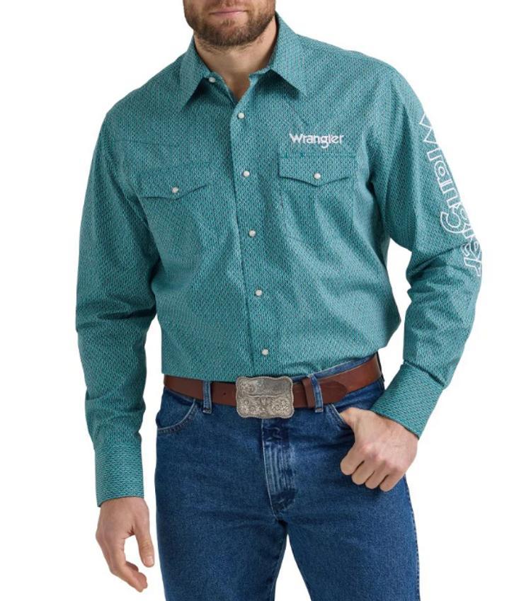 Wrangler® Men's L/S Turquoise Print Logo Snap Shirt Product Image