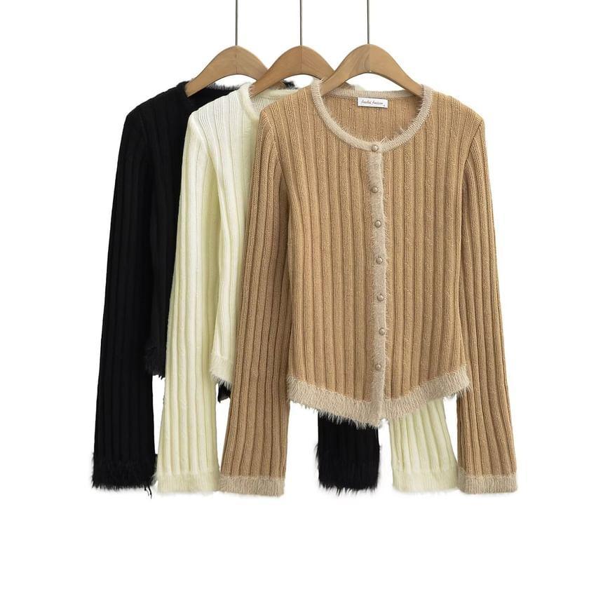 Plain Ribbed Button-Up Cardigan Product Image