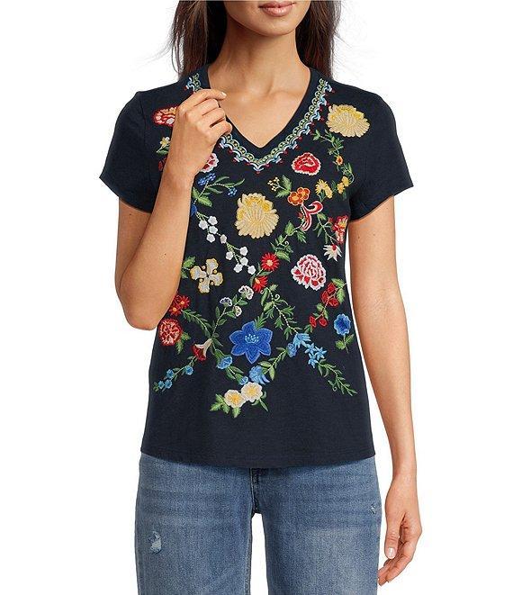 Reba Arizona Jersey Knit V-Neck Short Sleeve Embroidered Shirt Product Image