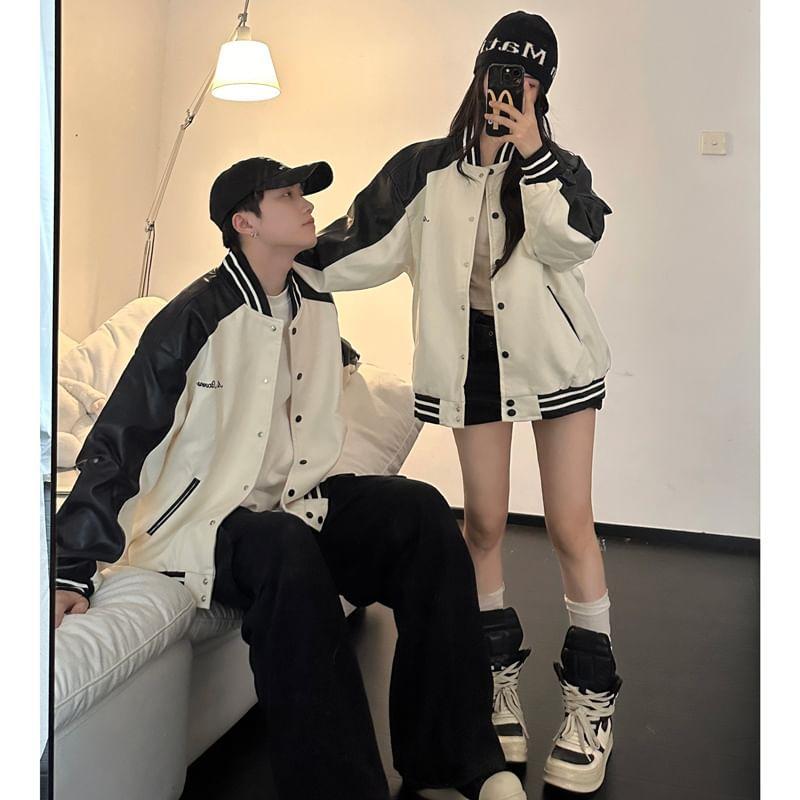 Couple Matching Lettering Two Tone Faux Leather Single-Breasted Baseball Jacket Product Image