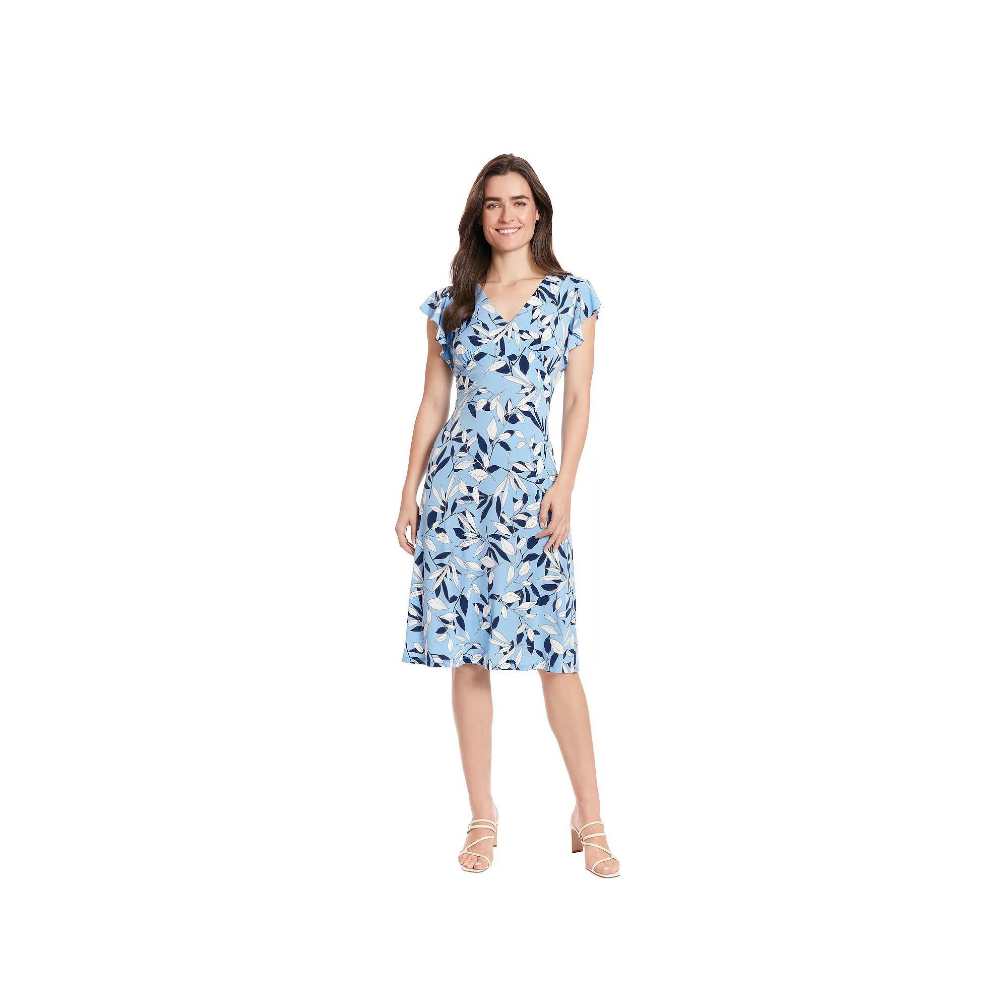 Womens London Times Ruffle Sleeve V-Neck Midi Dress Blue Pink Product Image