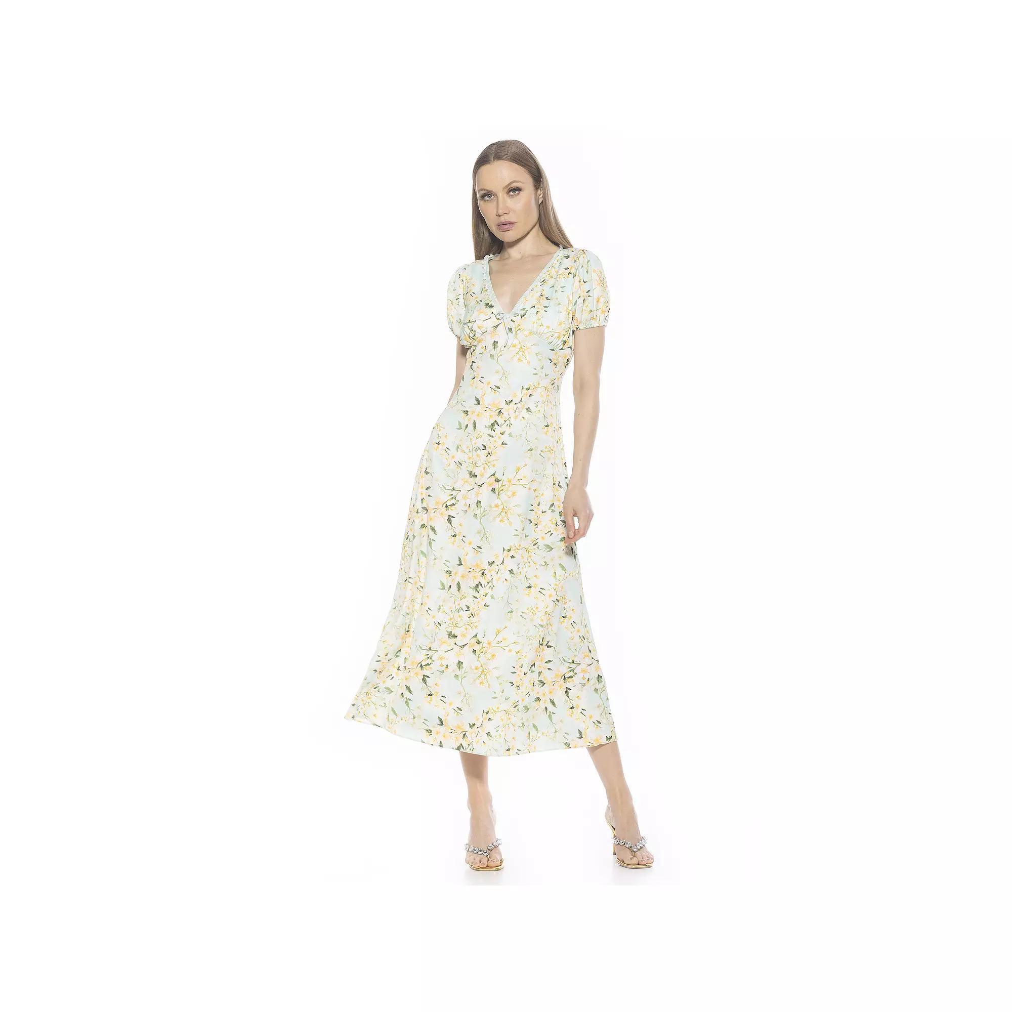 Women's ALEXIA ADMOR Silvius V-Neck Short Bubble Sleeve Maxi Dress, Size: 10, Green Floral Product Image