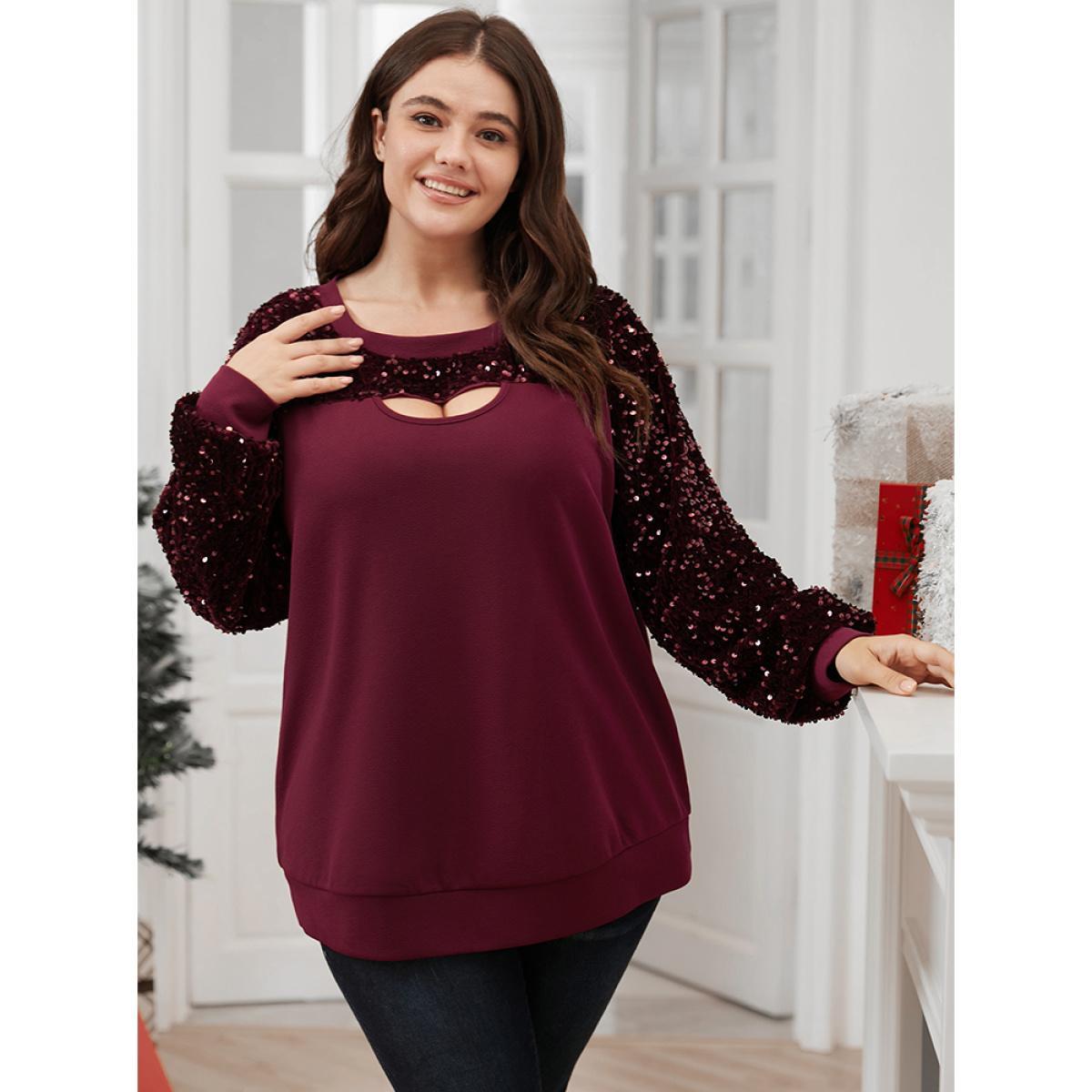 Plus Size Solid Patchwork Cut Out Sequin Sweatshirt Women Scarlet Party Patchwork Keyhole Cut-Out Going out Sweatshirts BloomChic 10/M Product Image