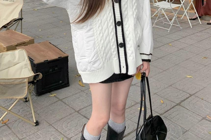 V-Neck Contrast Trim Cable Knit Oversized Cardigan Product Image