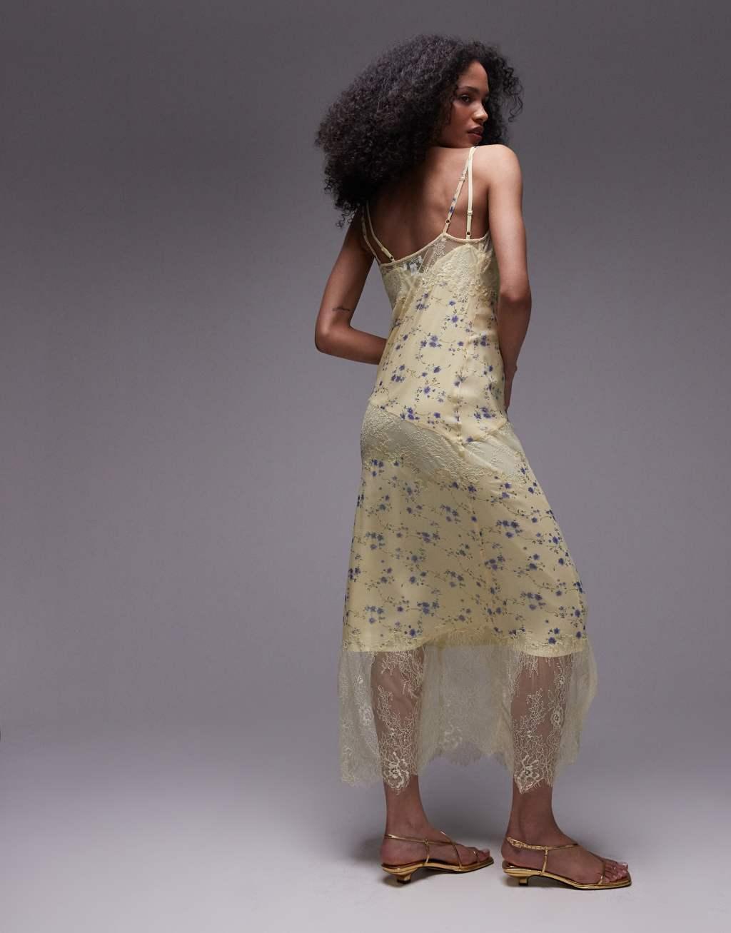 Topshop premium scoop neck lace insert midi dress with removable lining in yellow floral print Product Image
