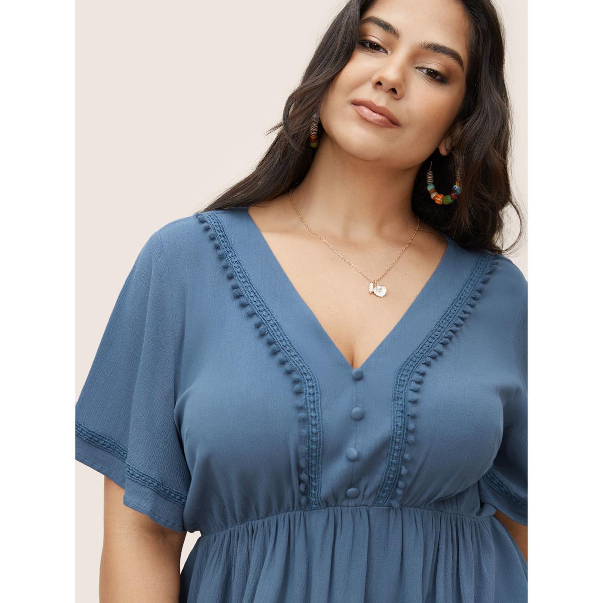 Plus Size Aegean Rayon Plain Button Detail Pompom Trim Blouse Women Resort Short sleeve V-neck Vacation Blouses BloomChic 22-24/3X Product Image