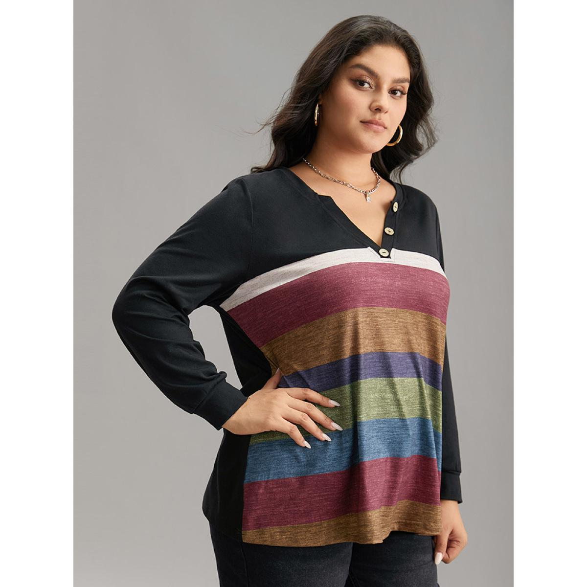 Plus Size Colorblock Contrast Notched Button Detail T-shirt Black Women Casual Contrast Striped Notched collar Dailywear T-shirts BloomChic 22-24/3X Product Image