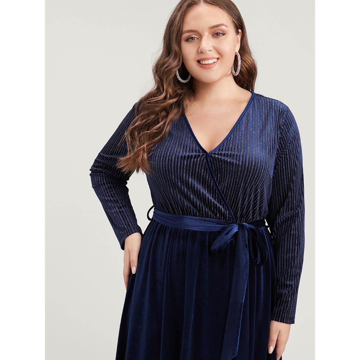 Plus Size Glitter Striped Patchwork Surplice Neck Pocket Belted Velvet Dress Indigo Women Party Belted V-neck Long Sleeve Curvy Midi Dress BloomChic 22-24/3X Product Image