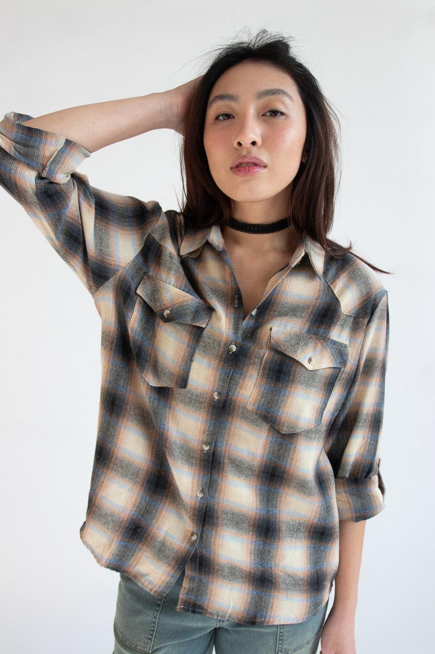 Roll Sleeve Western Style Flannel Shirt Product Image