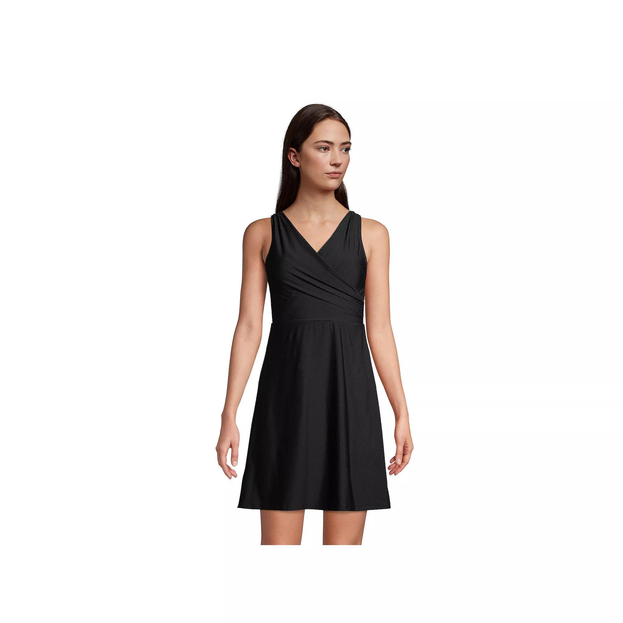 Petite Lands' End UPF 50 Tummy Control Surplice One-Piece Swim Dress, Women's, Size: 2 Petite, Black Product Image