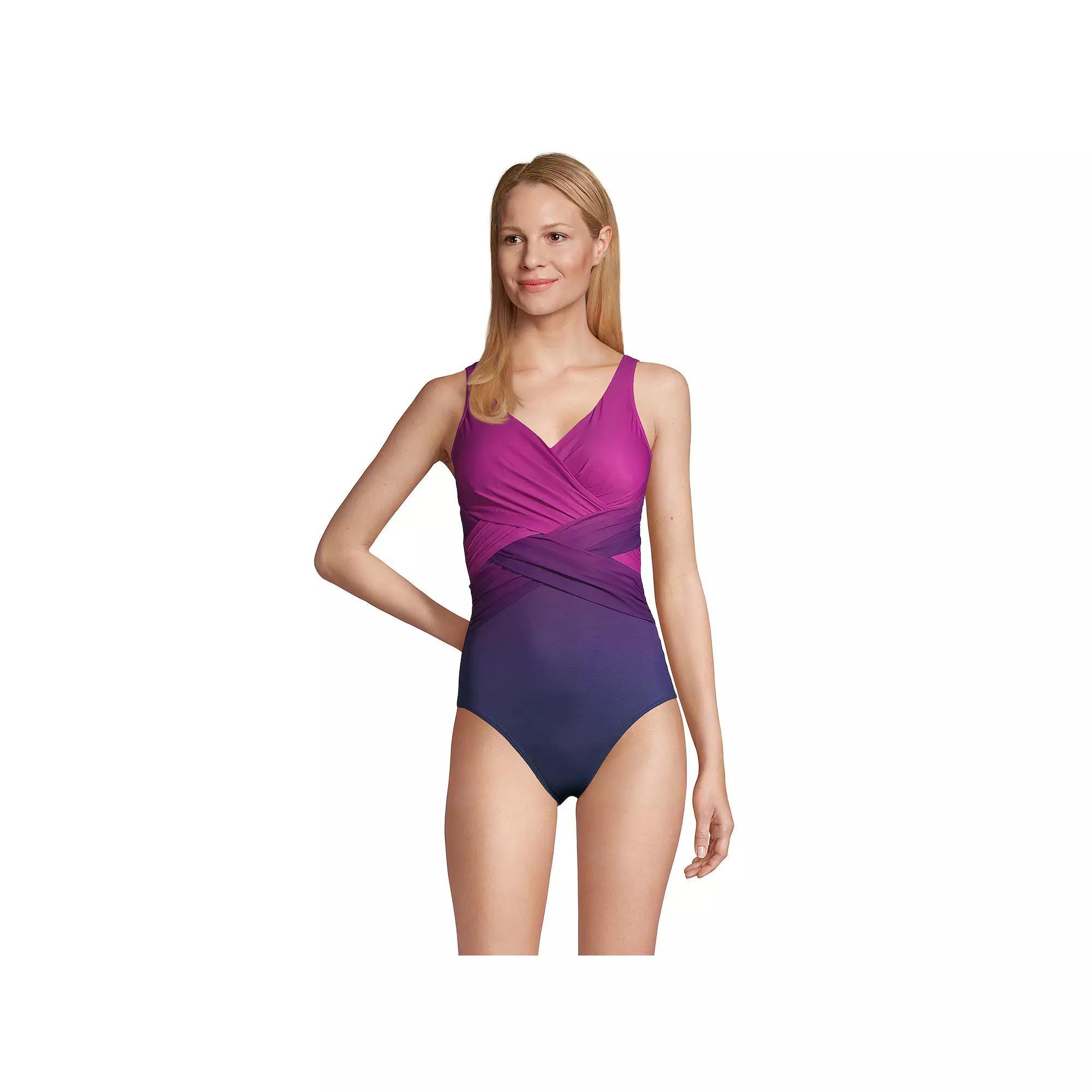 Women's Lands' End SlenderSuit Tummy Control Surplice One-Piece Swimsuit, Size: 12 LONG, Purple Navy Ombre Product Image