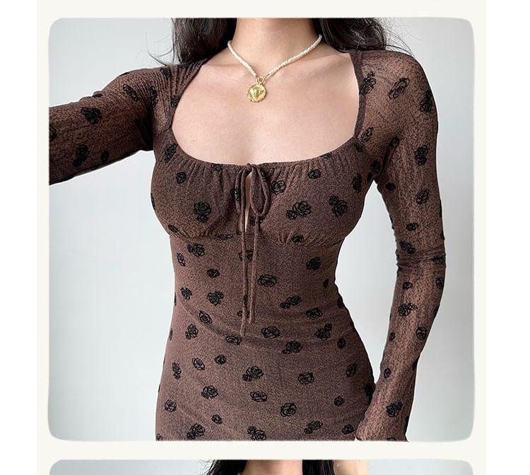 Long-Sleeve Scoop Neck Floral Jacquard Cutout Tie Front Mini Bodycon Dress Product Image