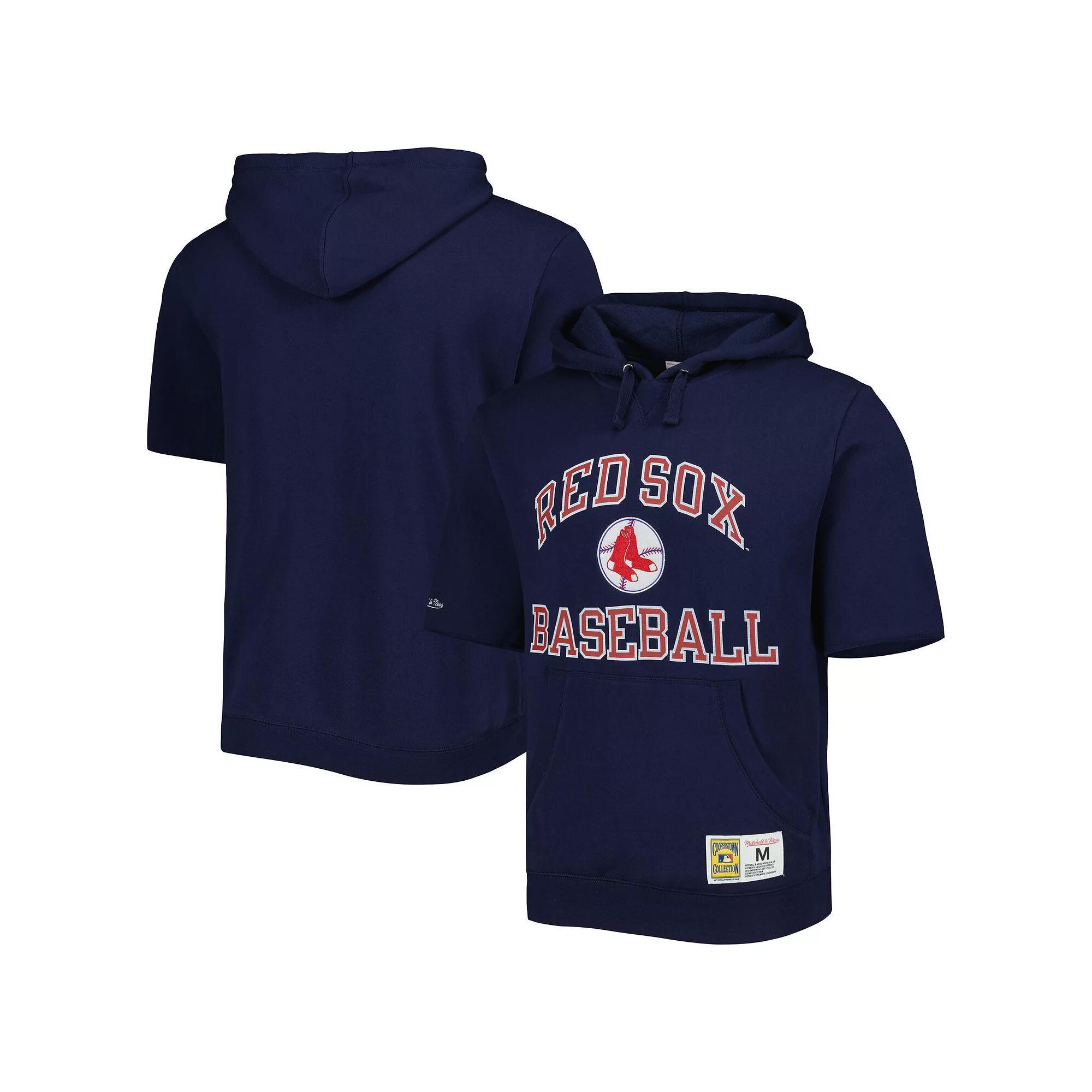 Men's Mitchell & Ness Navy Boston Red Sox Cooperstown Collection Washed Fleece Pullover Short Sleeve Hoodie, Size: Large, Blue Product Image