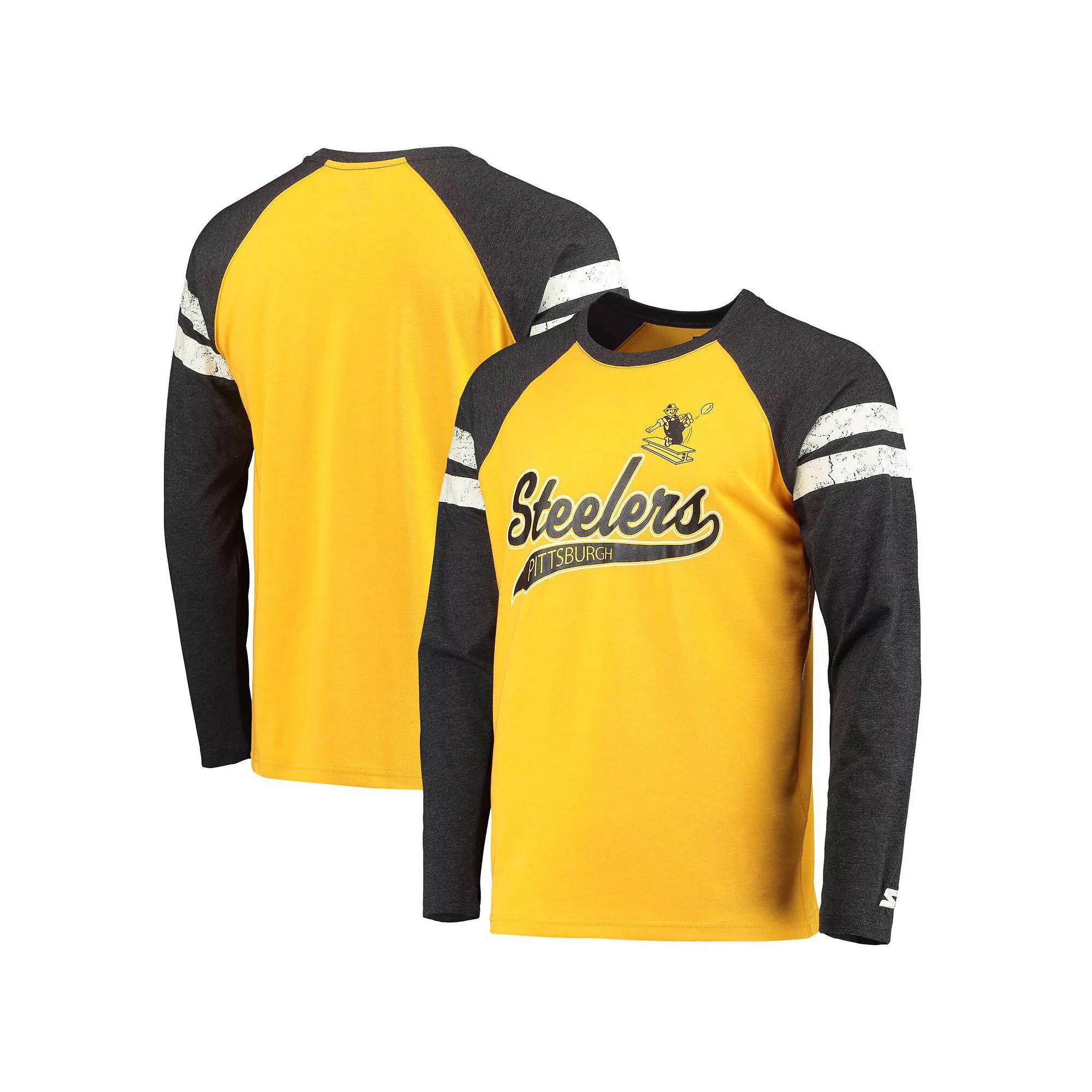 Men's Starter Gold/Black Pittsburgh Steelers Throwback League Raglan Long Sleeve Tri-Blend T-Shirt, Size: Medium Product Image