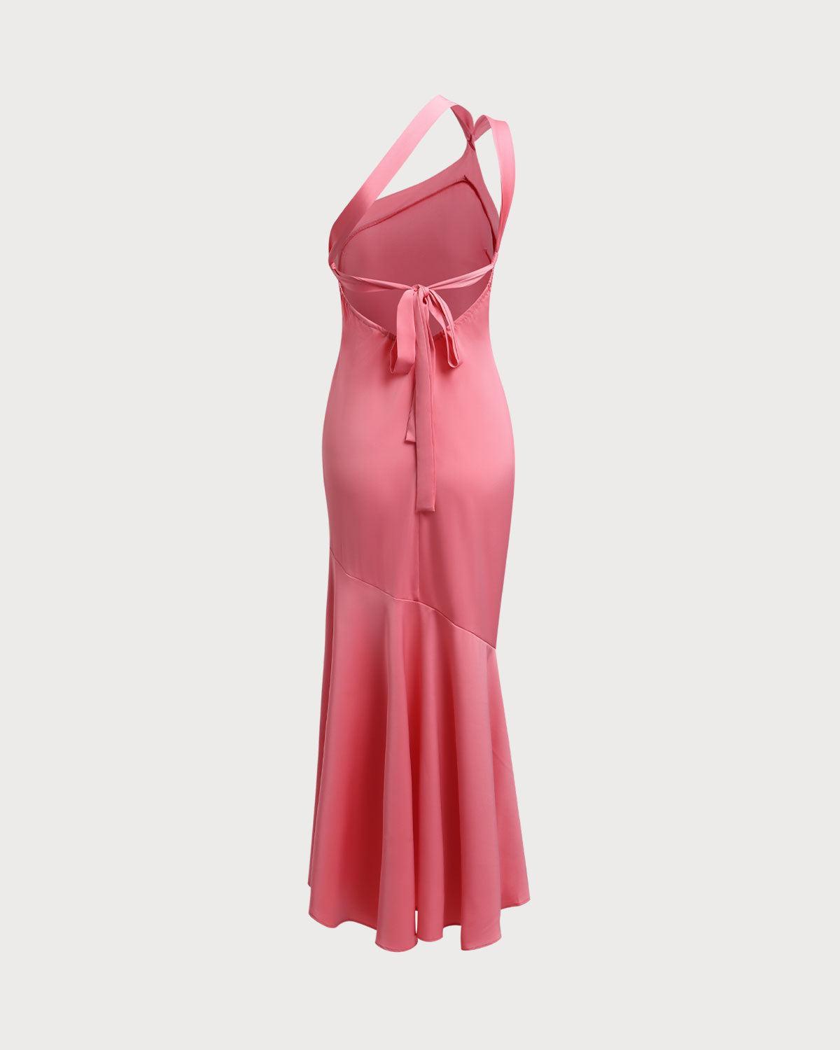 Pink One Shoulder Satin Midi Dress Product Image