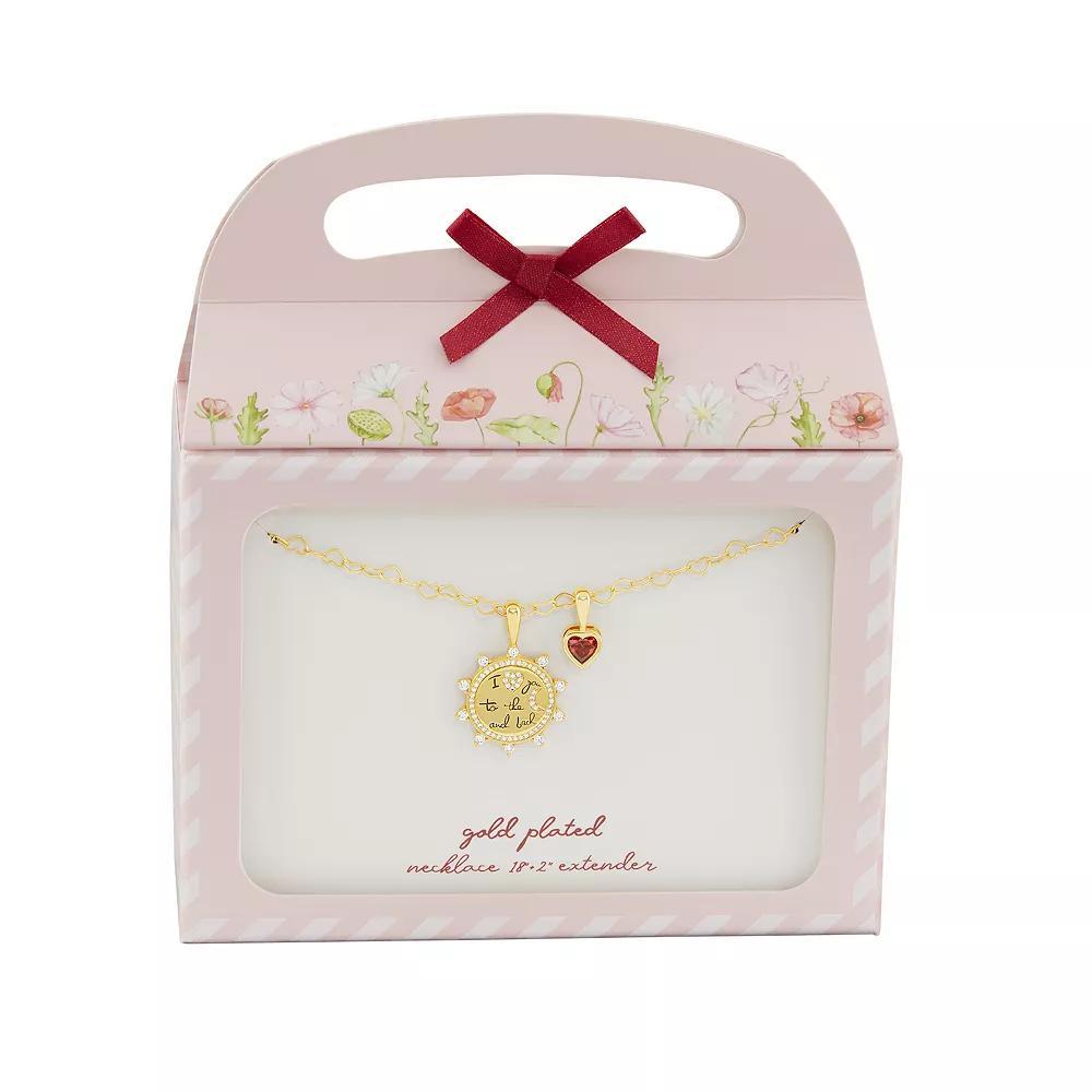 Brilliance 18k Gold Flash Plated Garnet Cubic Zirconia Heart Charm & "I love you to the moon and back" Cubic Zirconia Coin Charm Heart Link Chain Necklace, Women's, Size: 18", Gold Tone Product Image