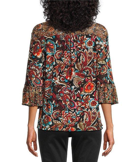 Intro Soft Mesh Graphic Jacobean Print 3/4 Romantic Sleeve Top Product Image
