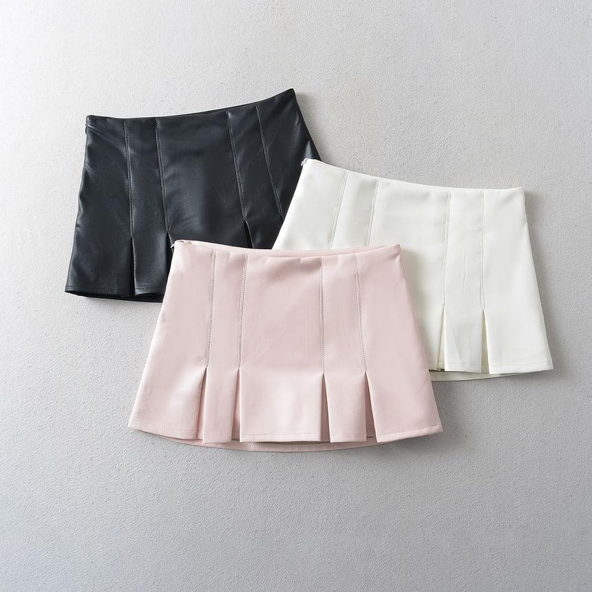 Low Rise Faux Leather Pleated Mini A-Line Skirt Product Image