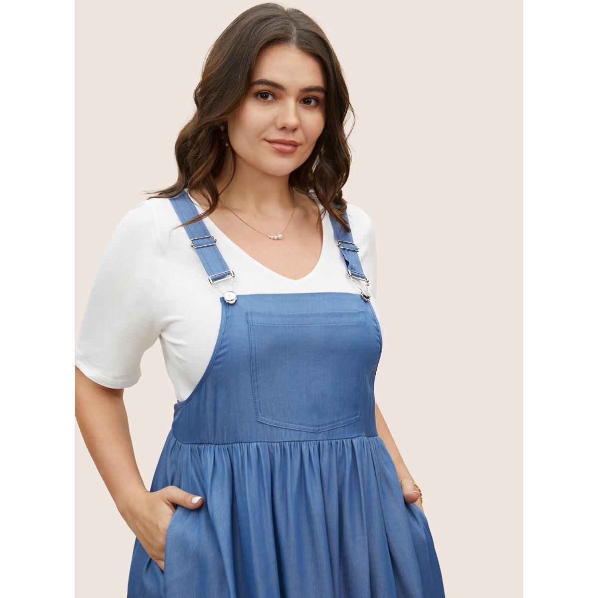 Plus Size Denim Effect Prin Gathered Patched Pocket Dress Mediumblue Women Casual Non Sleeveless Curvy BloomChic 28/5X Product Image