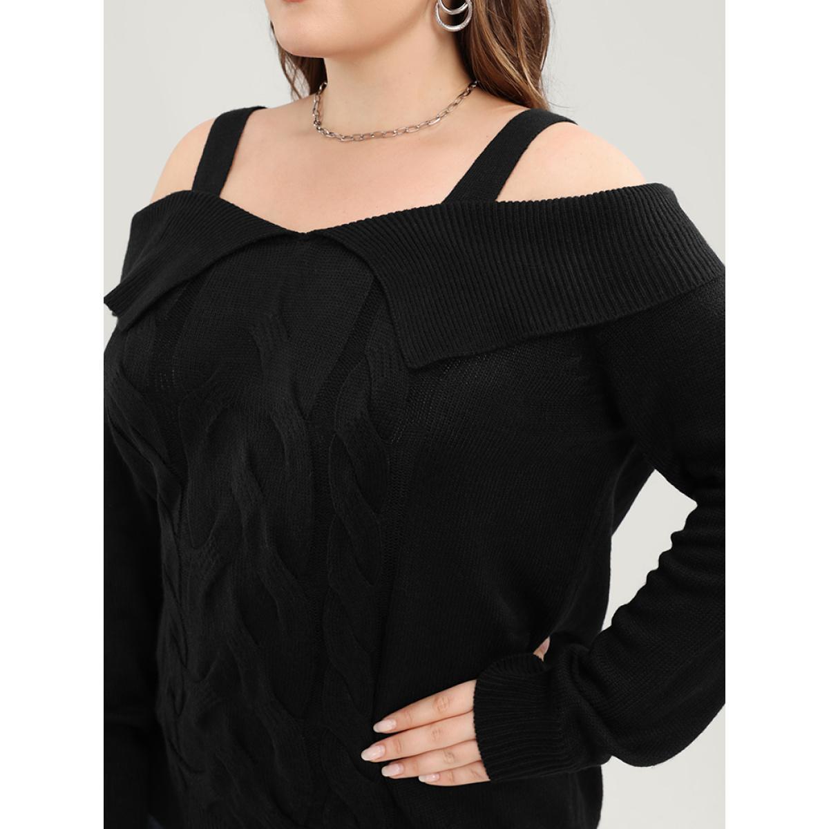 Plus Size Solid Pointelle Knit Cold Shoulder Knit Top Black Women Elegant Long Sleeve Cold Shoulder Dailywear Pullovers BloomChic 26/4X Product Image