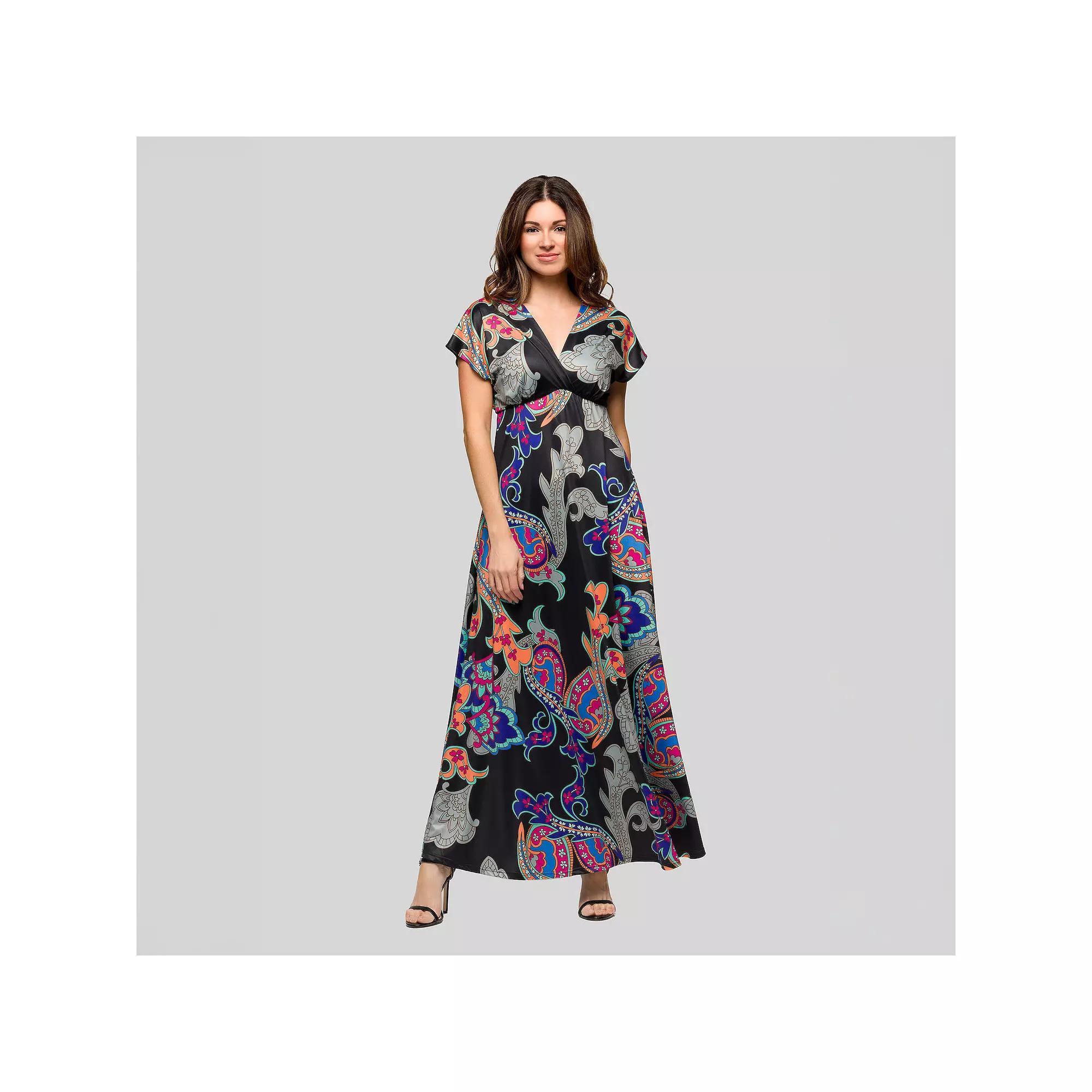 Women's 24Seven Comfort Apparel V-Neck Empire Waist Cap Sleeve Maxi Dress, Size: Medium, Black Team Product Image