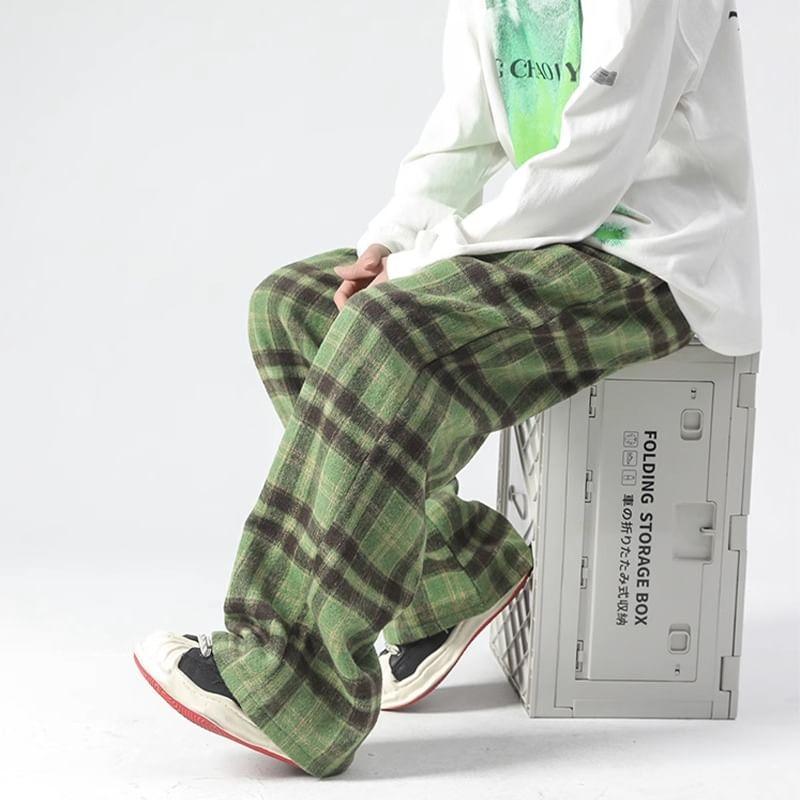 Drawstring Waist Plaid Wide Leg Pants Product Image