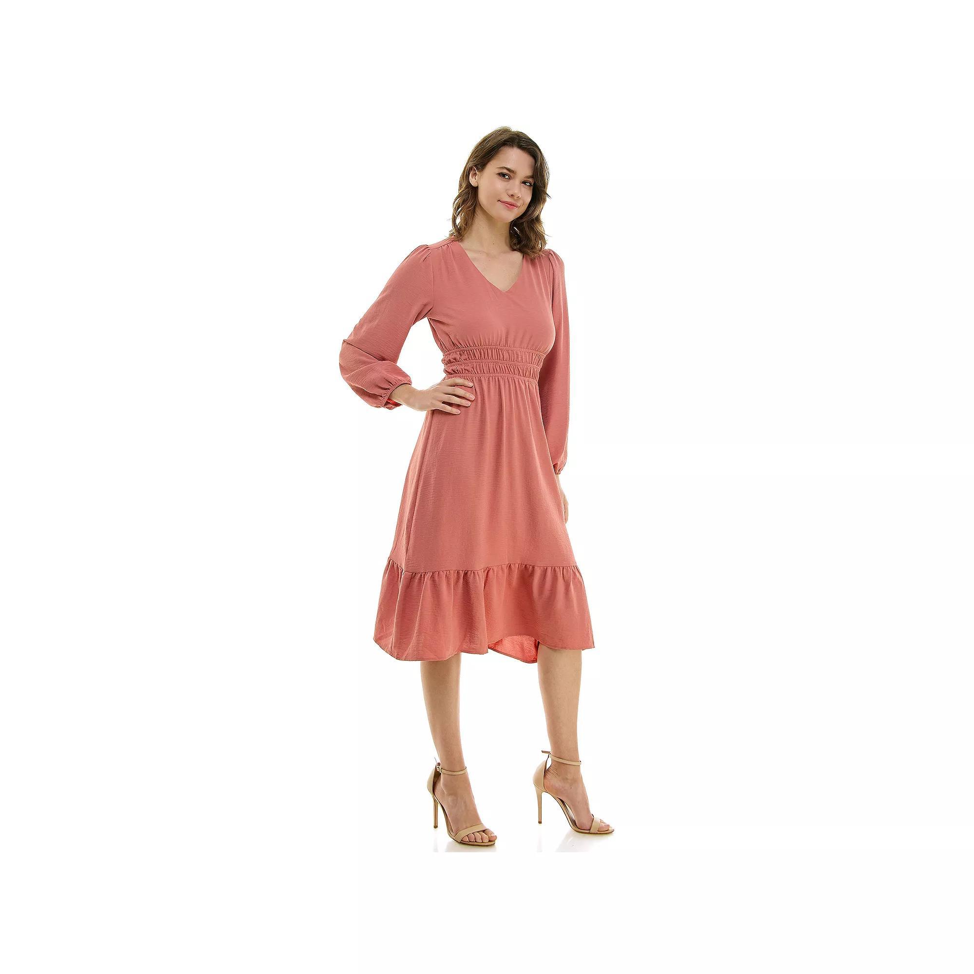 Women's Luxology Smocked Waist V Neck Midi Dress, Size: Large, Clay Product Image
