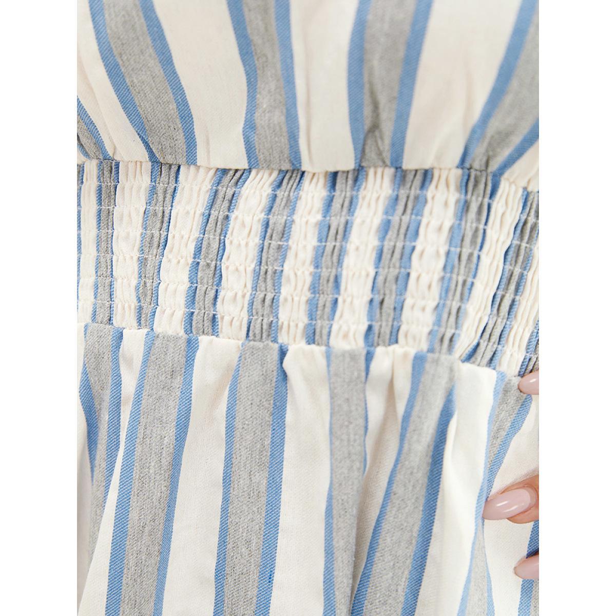 Plus Size Striped Contrast Pocket Shirred Flutter Tiered Dress Blue Women Resort Non V-neck Short sleeve Curvy Midi Dress BloomChic 28/5X Product Image