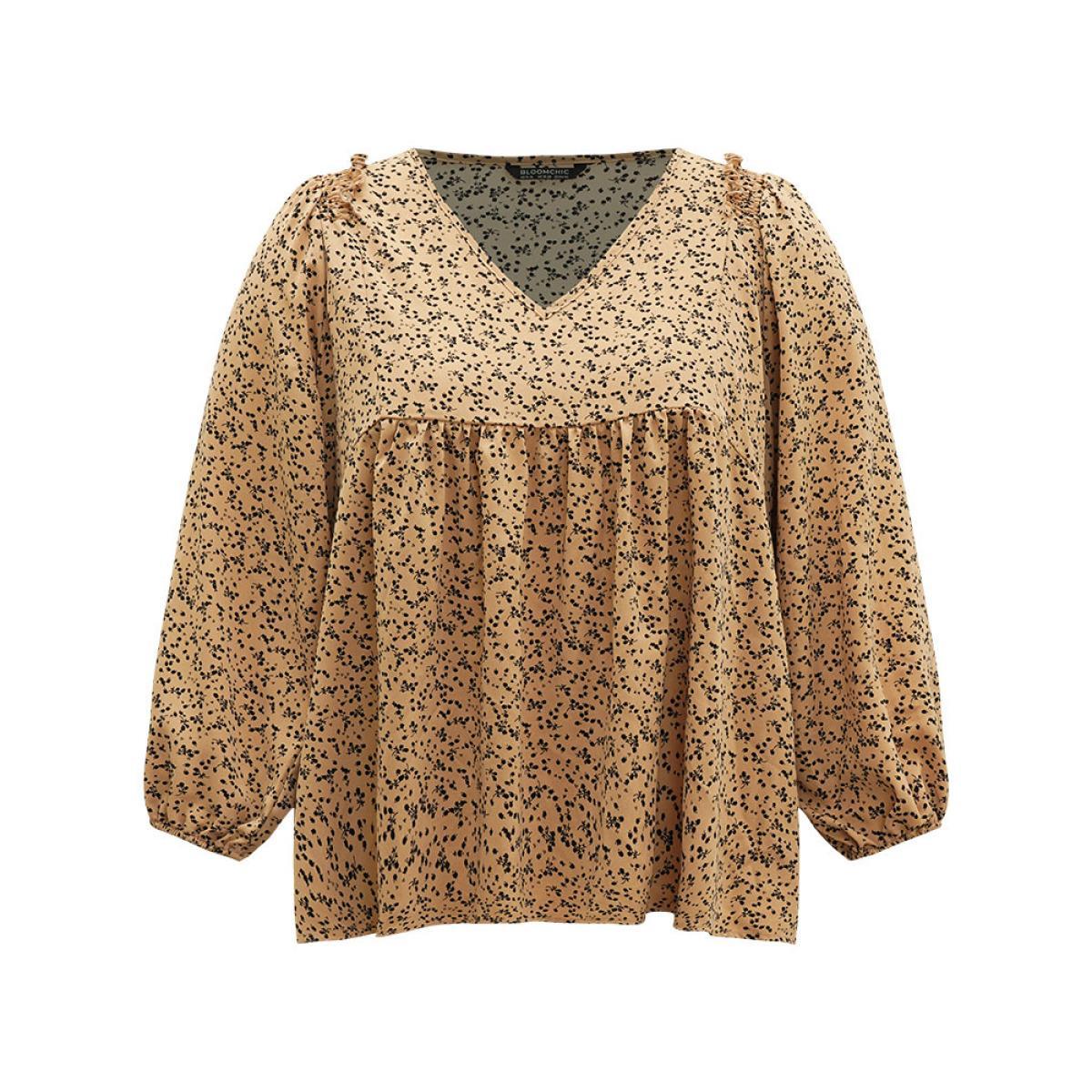 Plus Size LightBrown Ditsy Floral Shirred V Neck Frill Trim Blouse Women Elegant Long Sleeve V-neck Dailywear Blouses BloomChic 28/5X Product Image