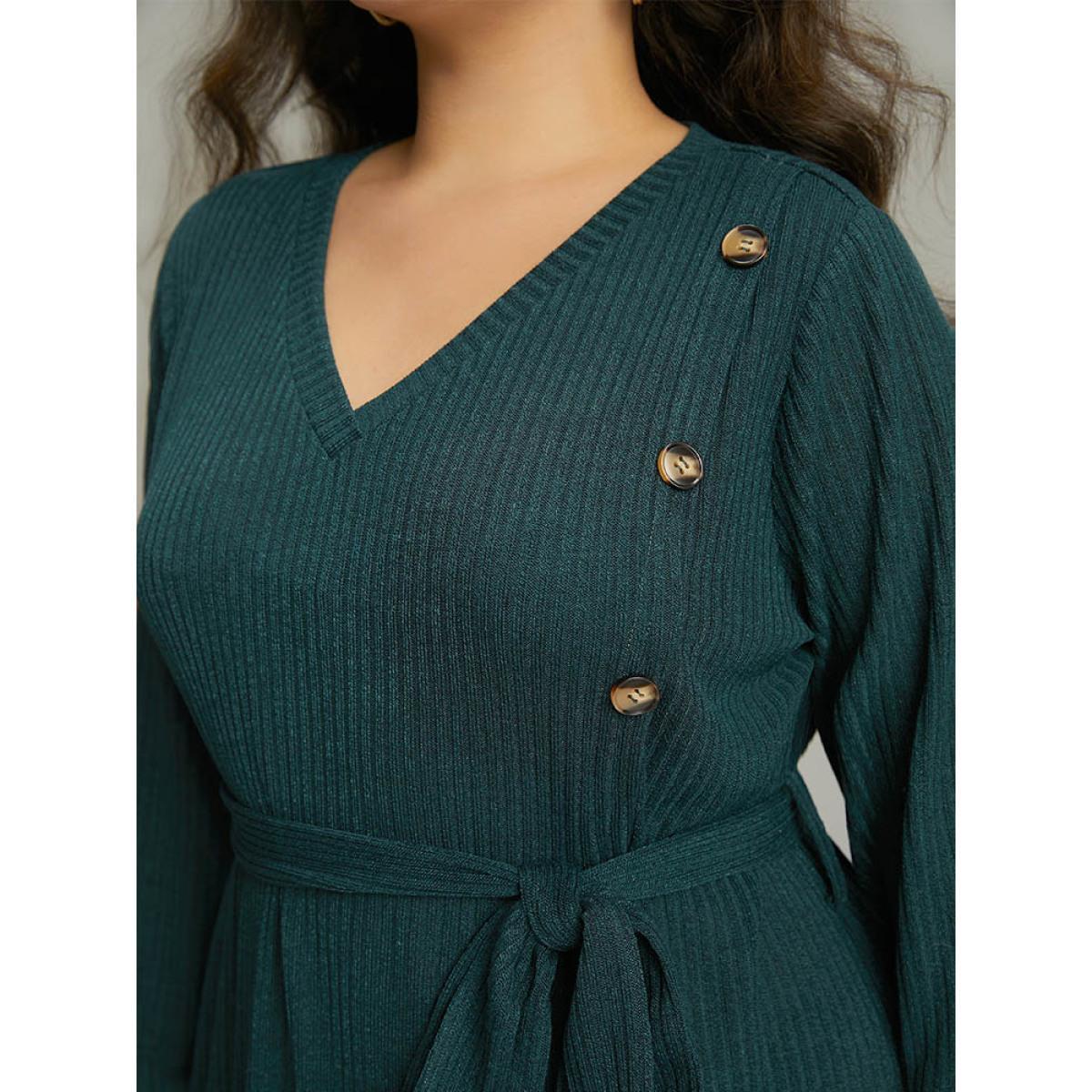 Plus Size Rib Knit Button Detail Belted Wrap Hem Dress Cyan Women Casual Texture V-neck Long Sleeve Curvy Midi Dress BloomChic 28/5X Product Image