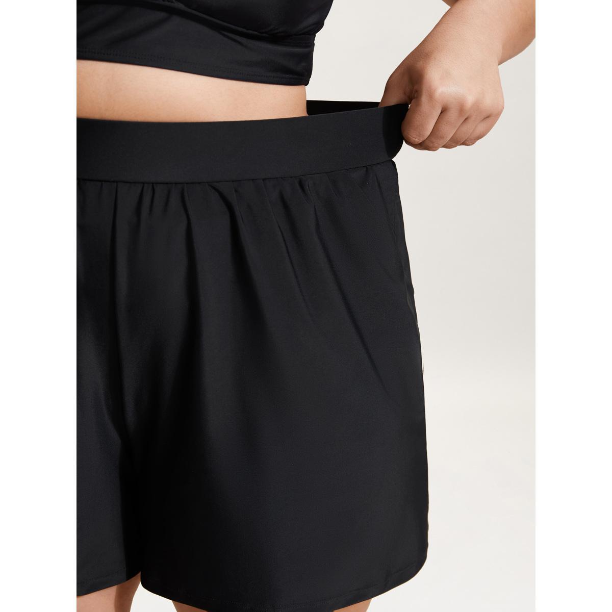 Plus Size High Waisted Pockets Solid Pleated Swim Bottom Women's Swimwear Black Beach Gathered High stretch Bodycon High Rise Slanted pocket Curve Swim Bottoms BloomChic 10/M Product Image
