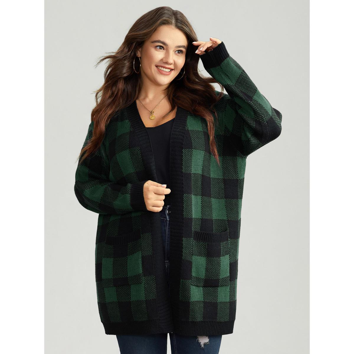 Plus Size Plaid Patched Pocket Loose Cardigan DarkGreen Women Casual Loose Long Sleeve Everyday Cardigans BloomChic 14-16/1X Product Image