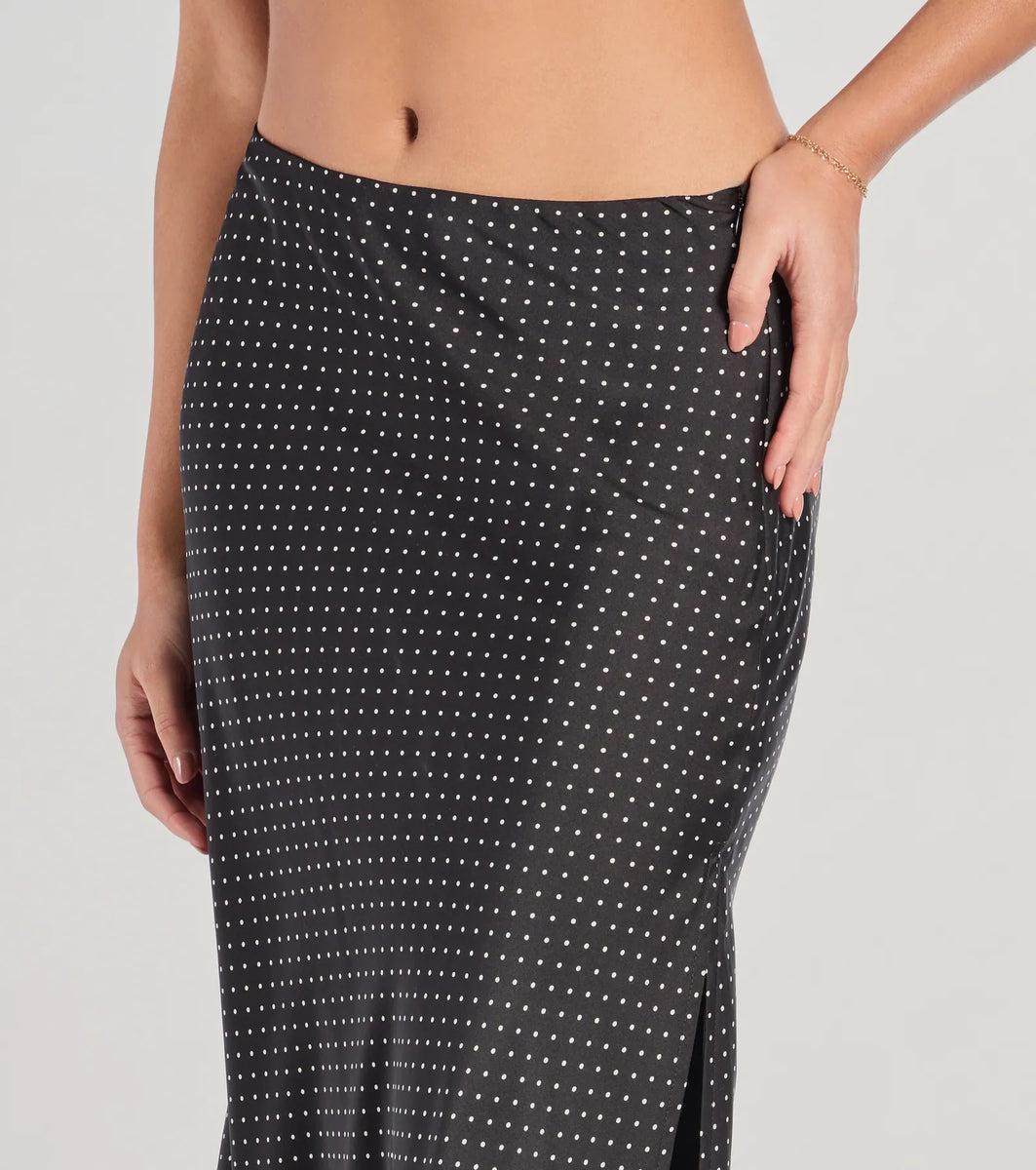 There She Goes High-Rise Slit Polka Dot Satin Midi Skirt Product Image